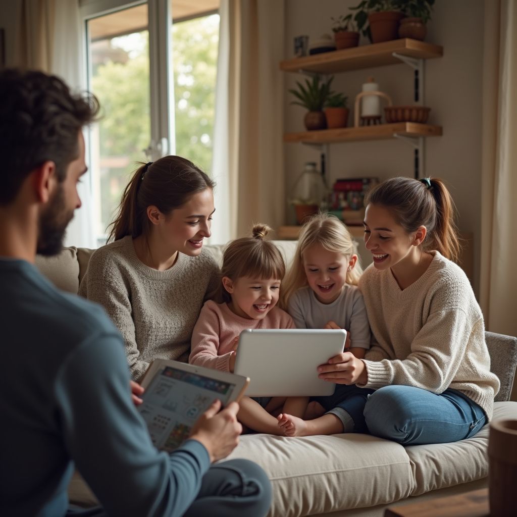 Family sitting on a sofa, looking at tablets, smiling. Living room setting with plants.