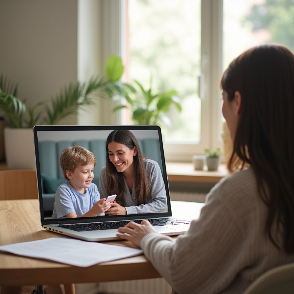 Woman using laptop, video chatting with a person and child indoors.