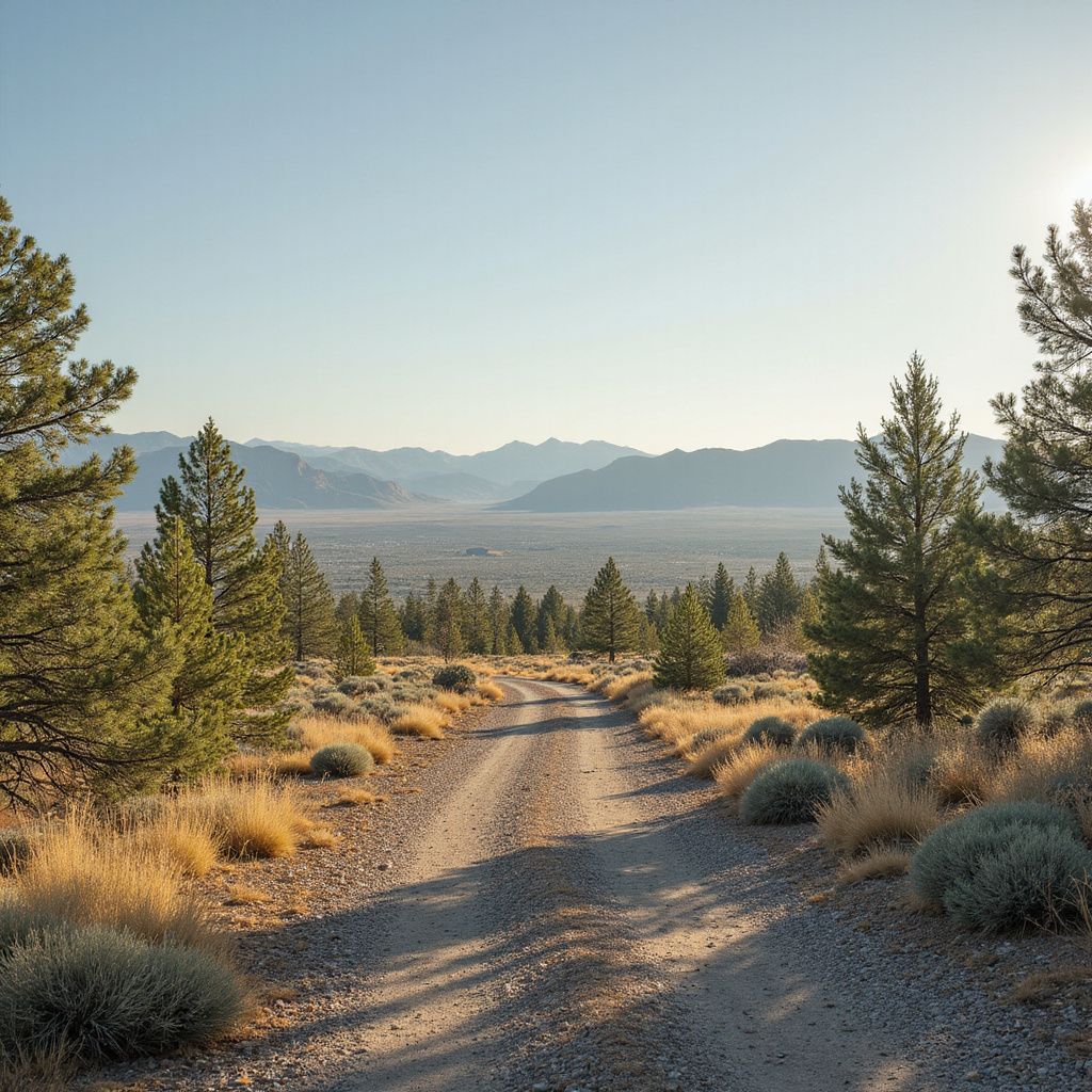 Dirt road through a landscape of pine trees and scrub brush leads to a valley surrounded by mountains.