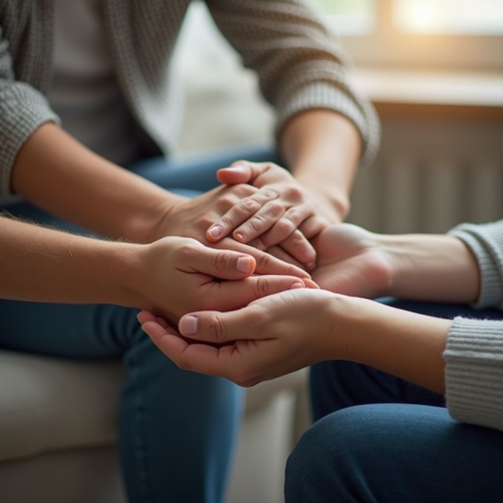 Hands clasped in support; warm light in the background.