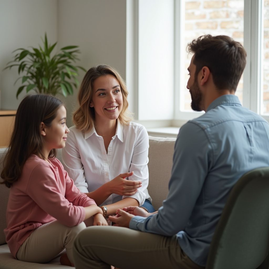 Family counseling session: a woman, girl, and man are seated, talking on a couch in a bright room.