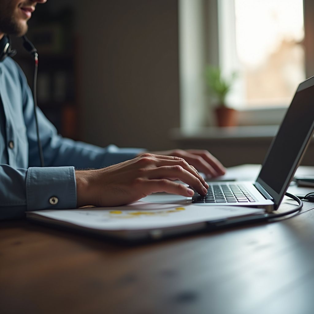 Person typing on a laptop at a desk, with headphones and a document.