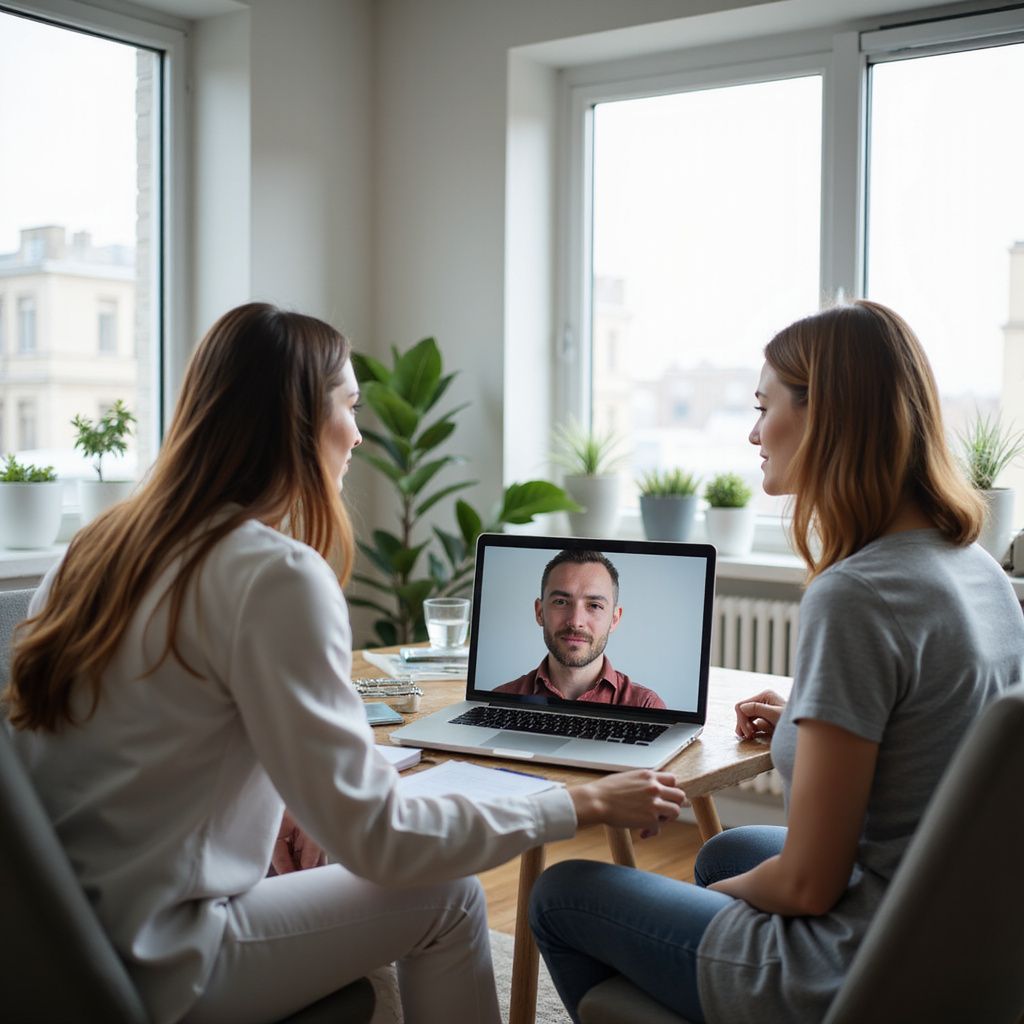 Two women in a room, consulting with a man on a laptop screen; seated at a table.