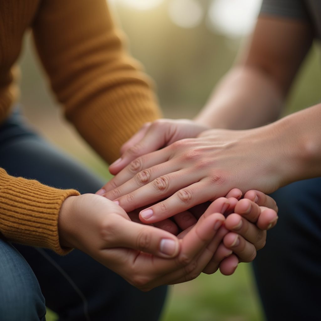 Hands of two people clasped together in support, one in a mustard sweater and the other in a gray shirt.