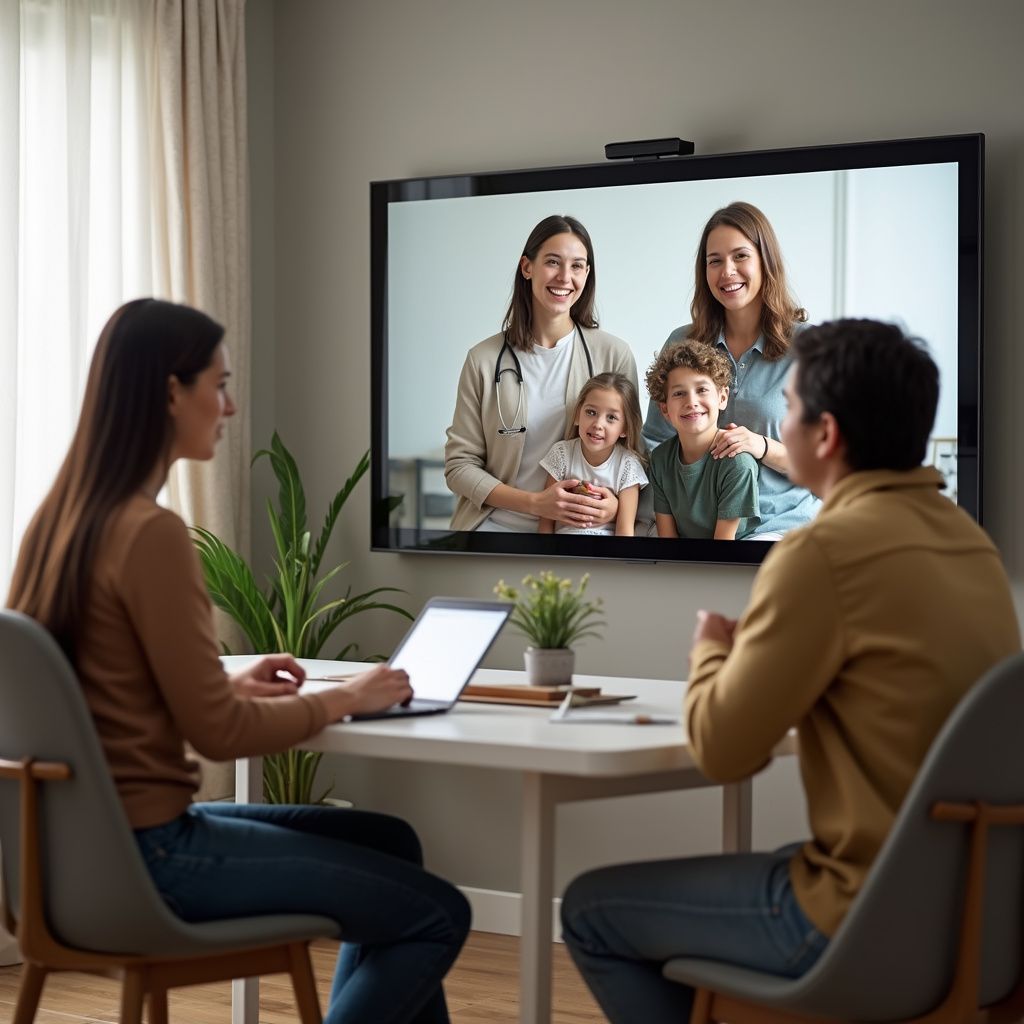 Family on video call with doctor, children smiling, home setting.
