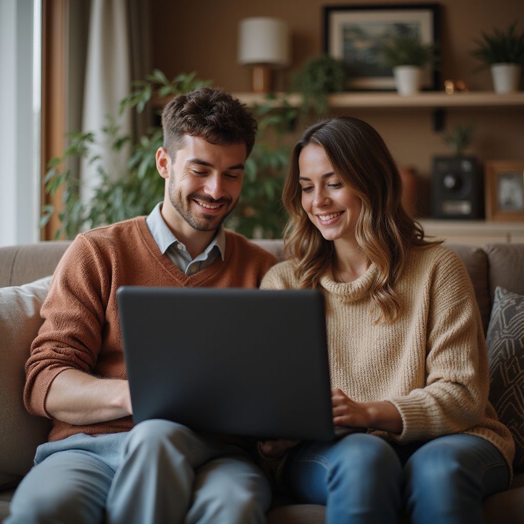 Couple smiling while looking at a laptop together on a couch.