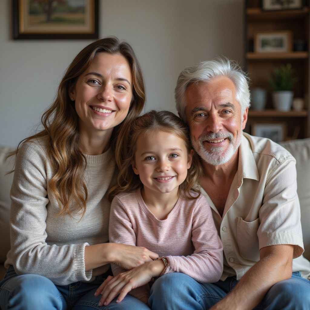 Family smiling, sitting closely together on a couch.