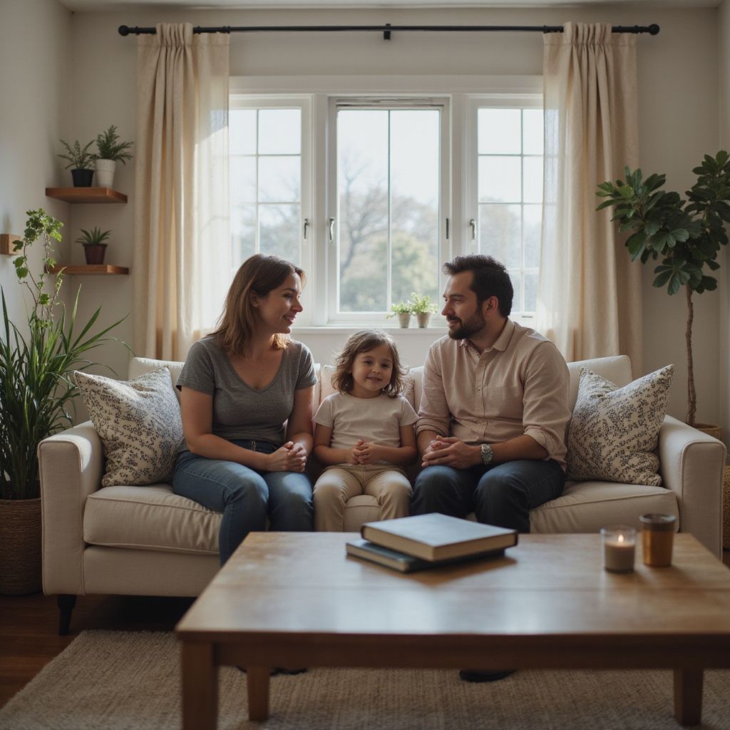 Family sitting on a sofa in a living room, looking at each other, smiling, sunlight.