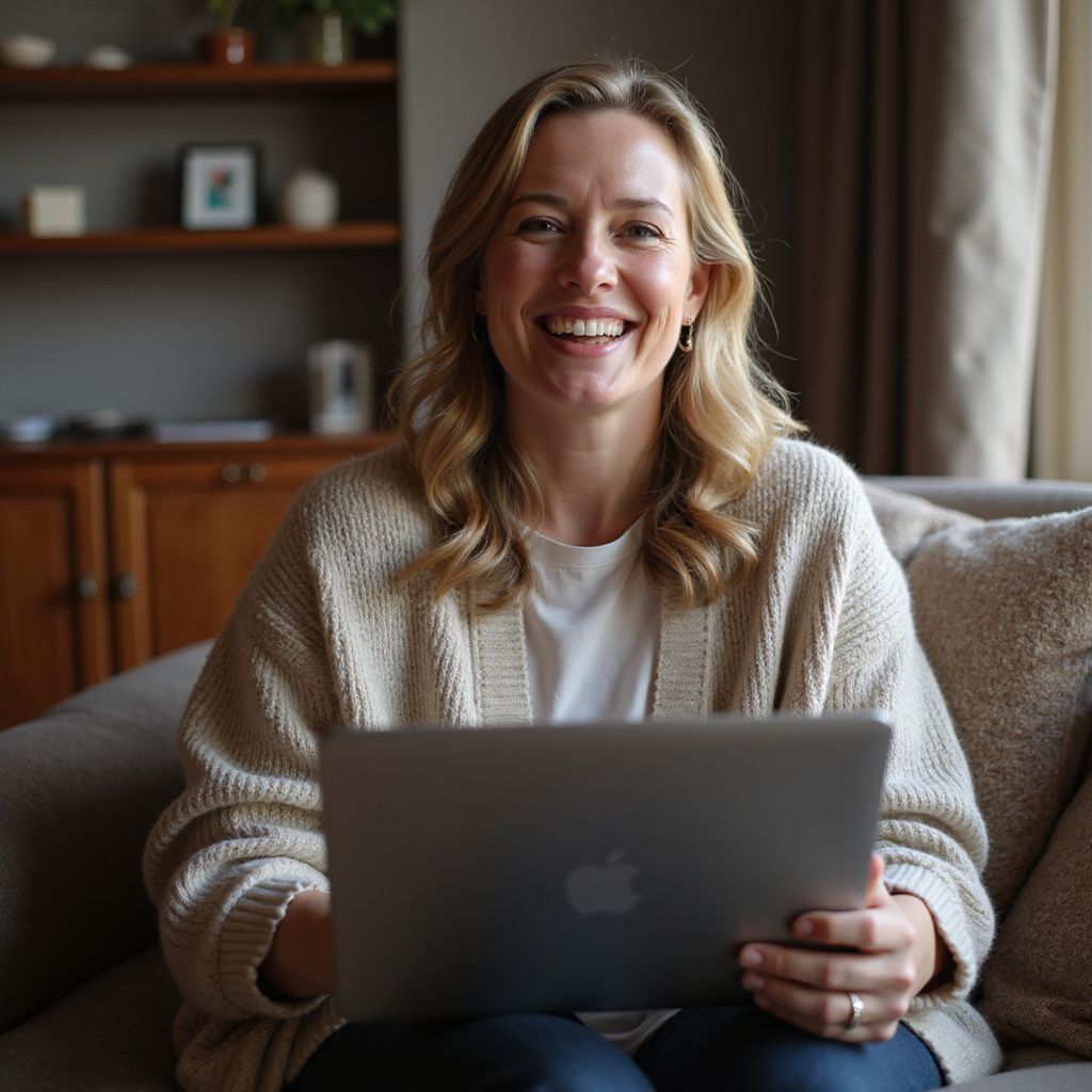 Woman smiling while using laptop, seated on a couch in a living room.