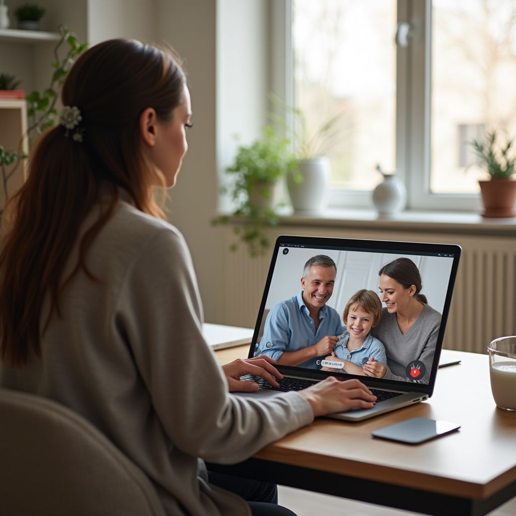 Woman video calls with family on laptop. They smile, indoors.