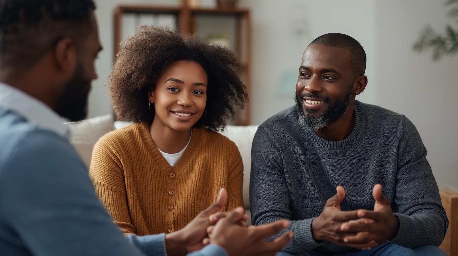 Couple smiles, facing a person in a meeting setting.