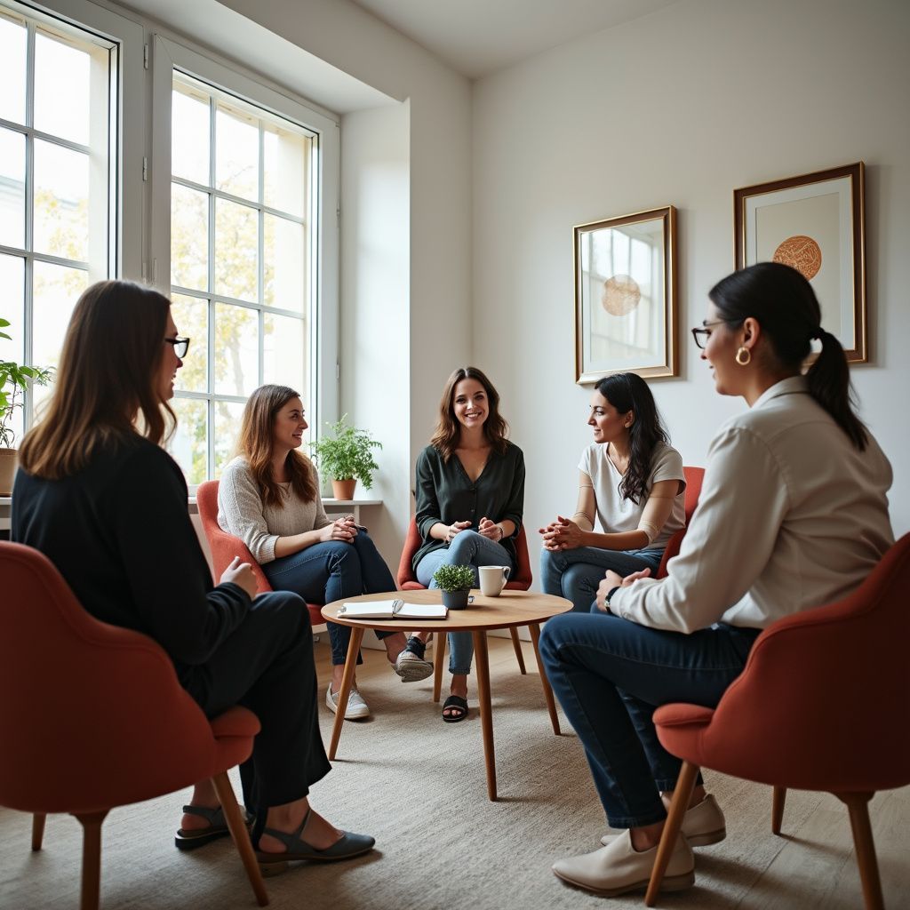 Five people in a circle, in a light-filled room, engaged in a conversation.