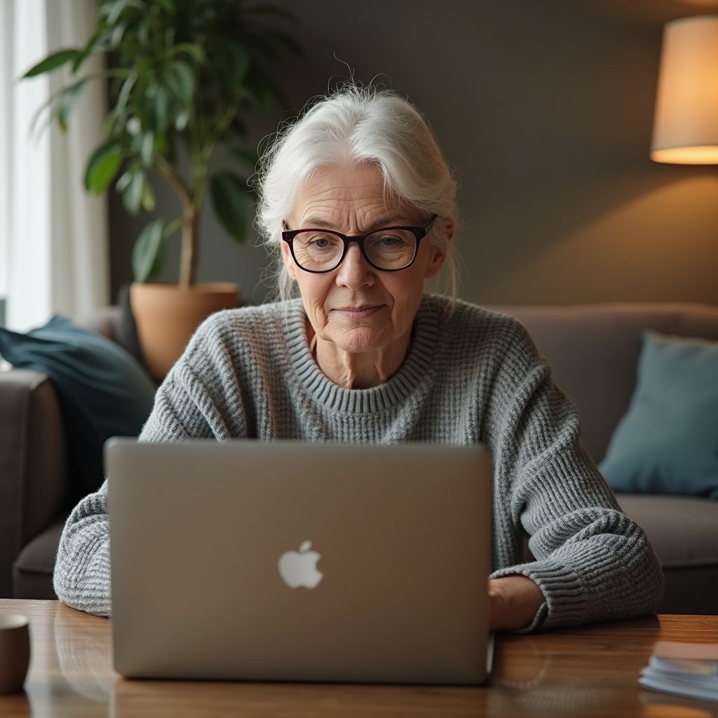 Woman with glasses using a laptop at a table, a plant and couch in the background.