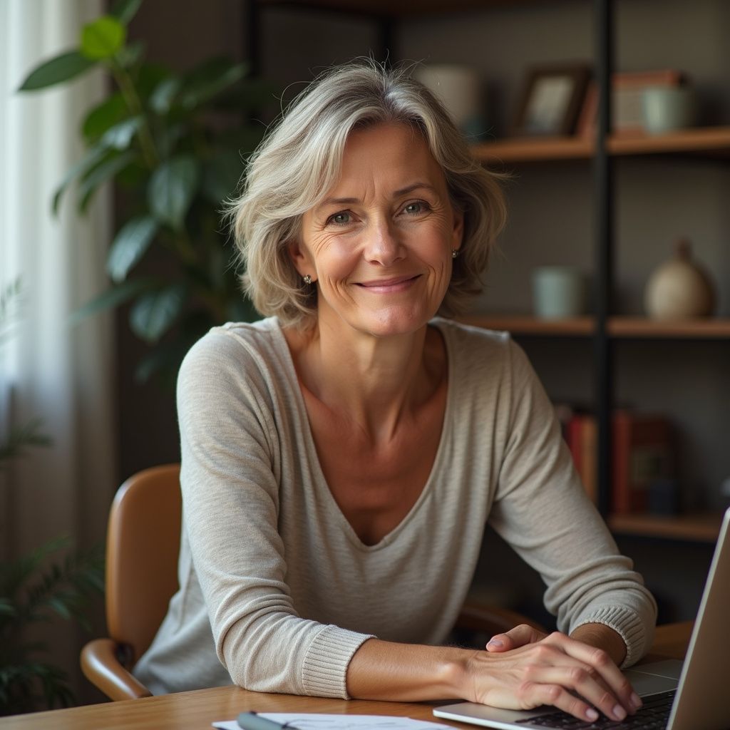 Woman with gray hair smiles at camera while seated at a desk with a laptop.
