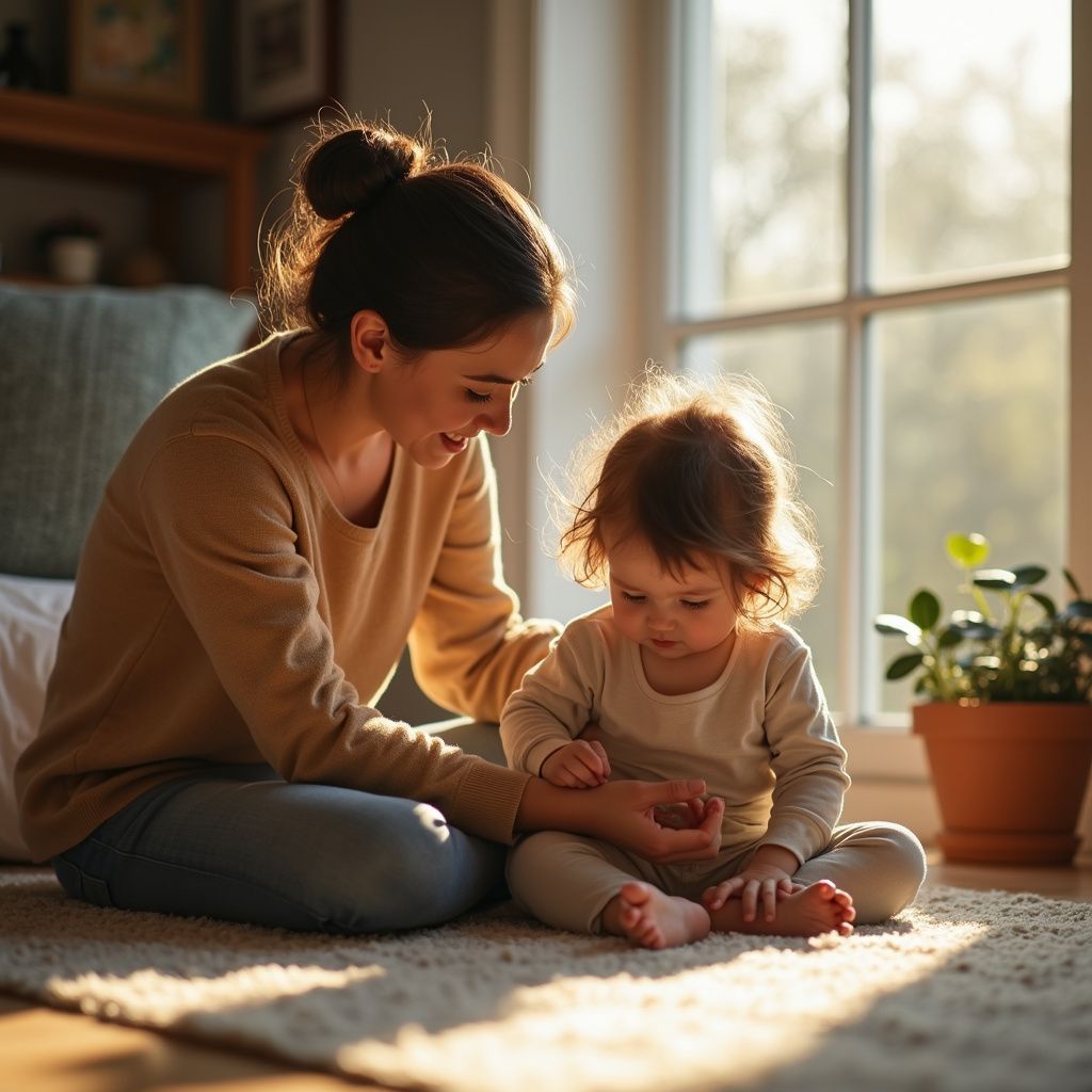 Woman and child sit on a rug by a window, bathed in sunlight. Woman smiles, touching the child's hand.
