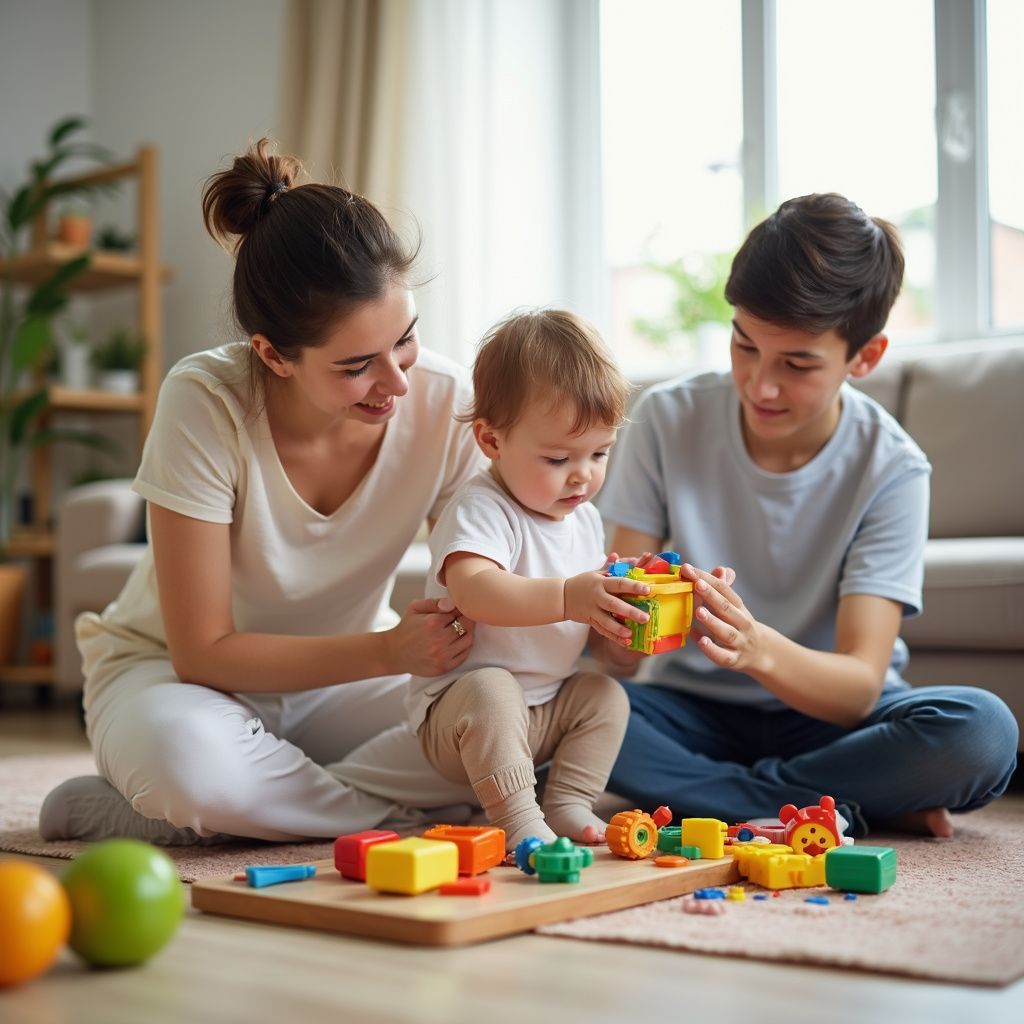 A mother, toddler, and teenager playing with colorful blocks on a rug.