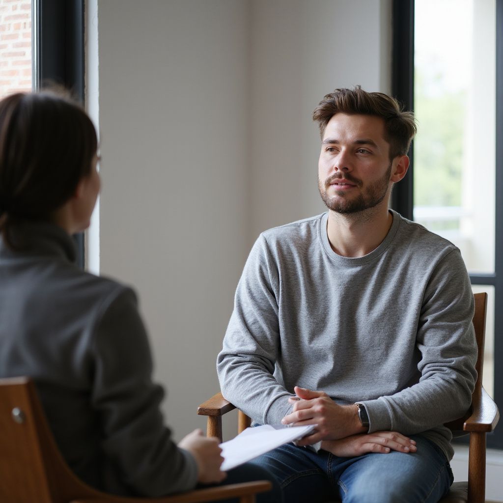 Man talking to a person holding papers; they are sitting in chairs indoors near a window.