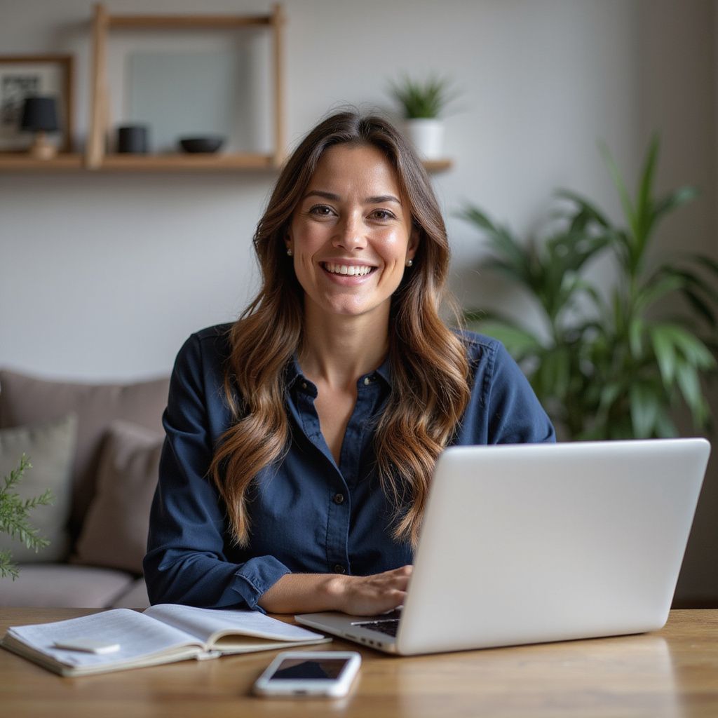 Woman with long brown hair smiles while working on a laptop at a desk.