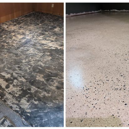 A before and after photo of a concrete floor with epoxy coatings.