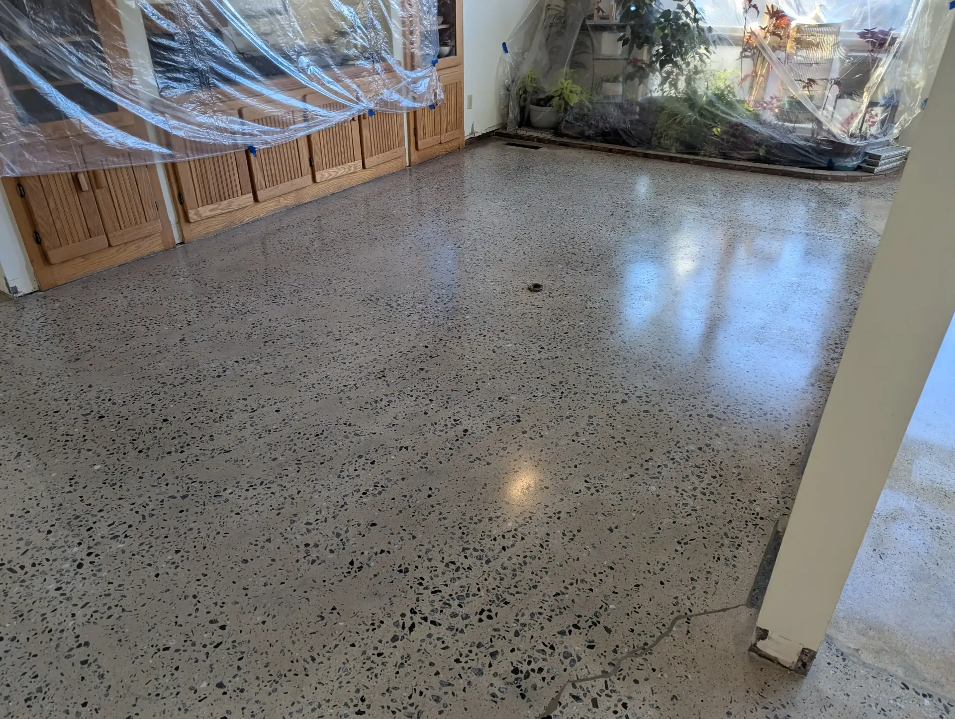 A high-gloss, polished concrete floor with black aggregate specks, situated in a room with wood cabinetry covered in plastic.