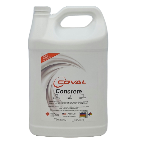 A gallon of coval concrete cleaner on a white background