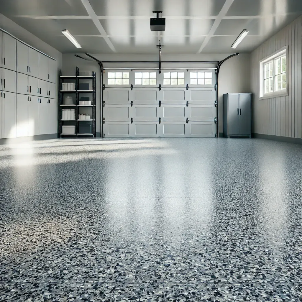 A concrete floor in a room with a counter and a fireplace.