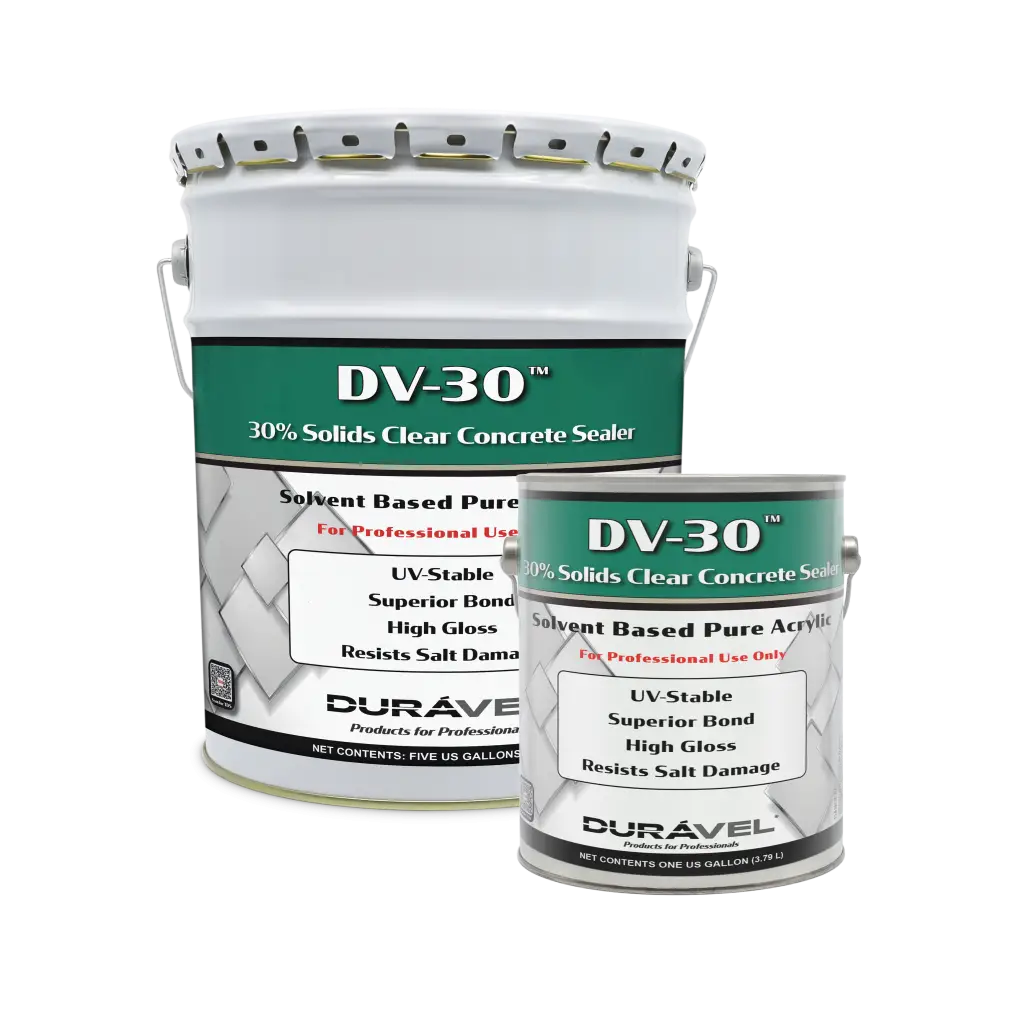 A bucket of concrete sealer and a can of concrete sealer on a white background.
