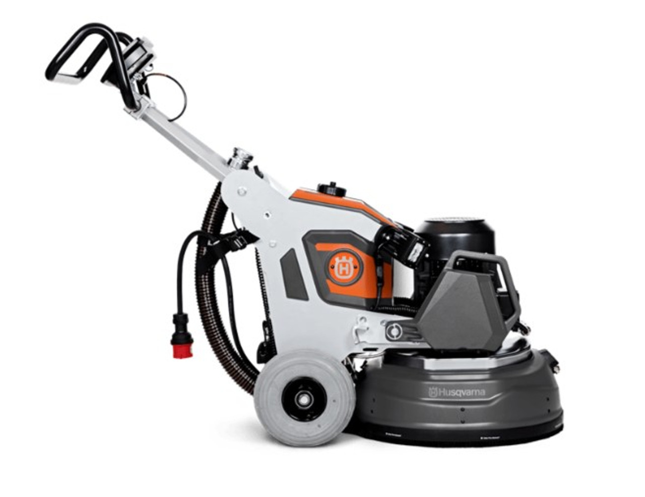 A concrete grinder with wheels and a handle on a white background.