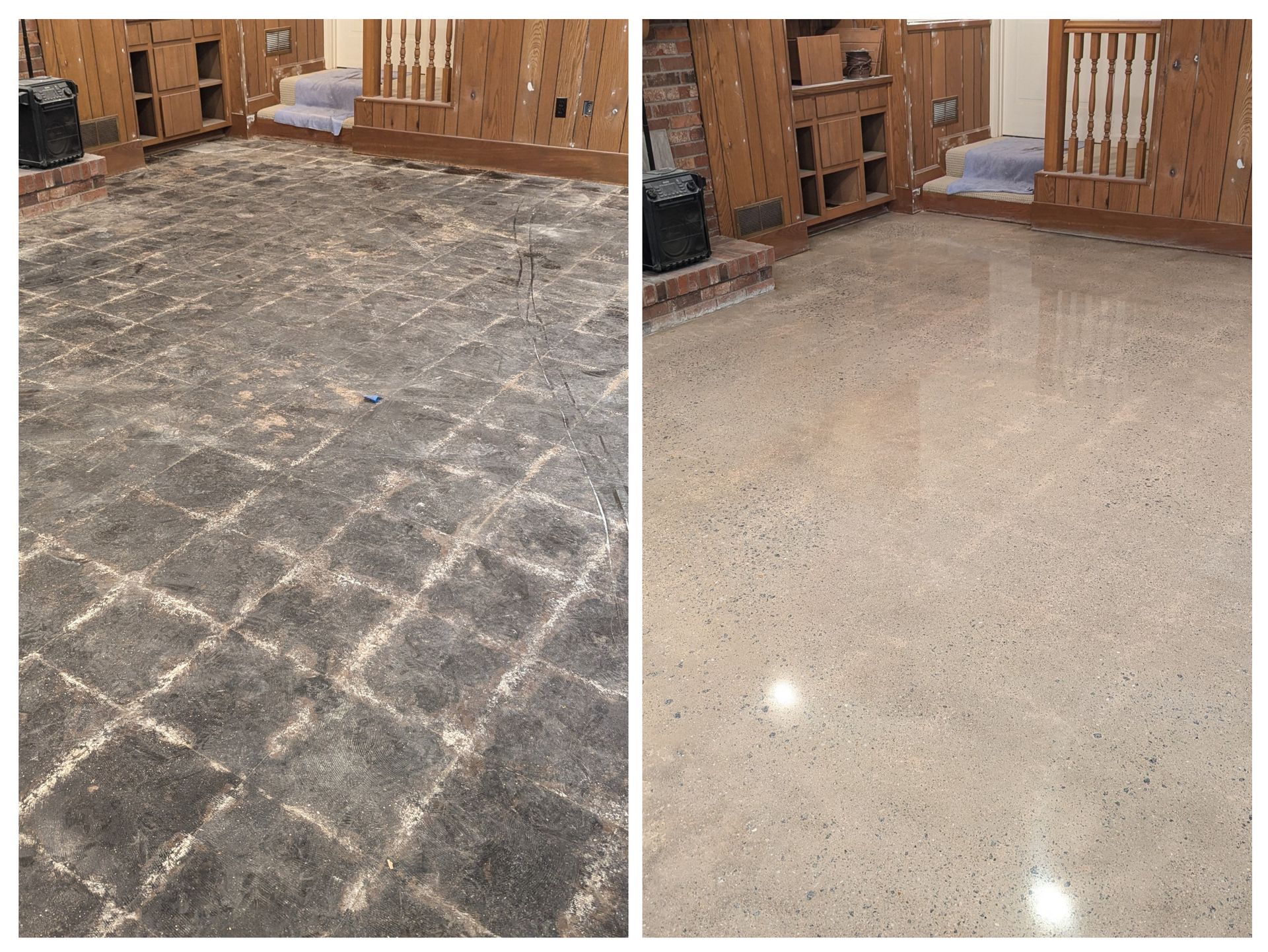 A before and after photo of a dirty floor and a shiny floor.