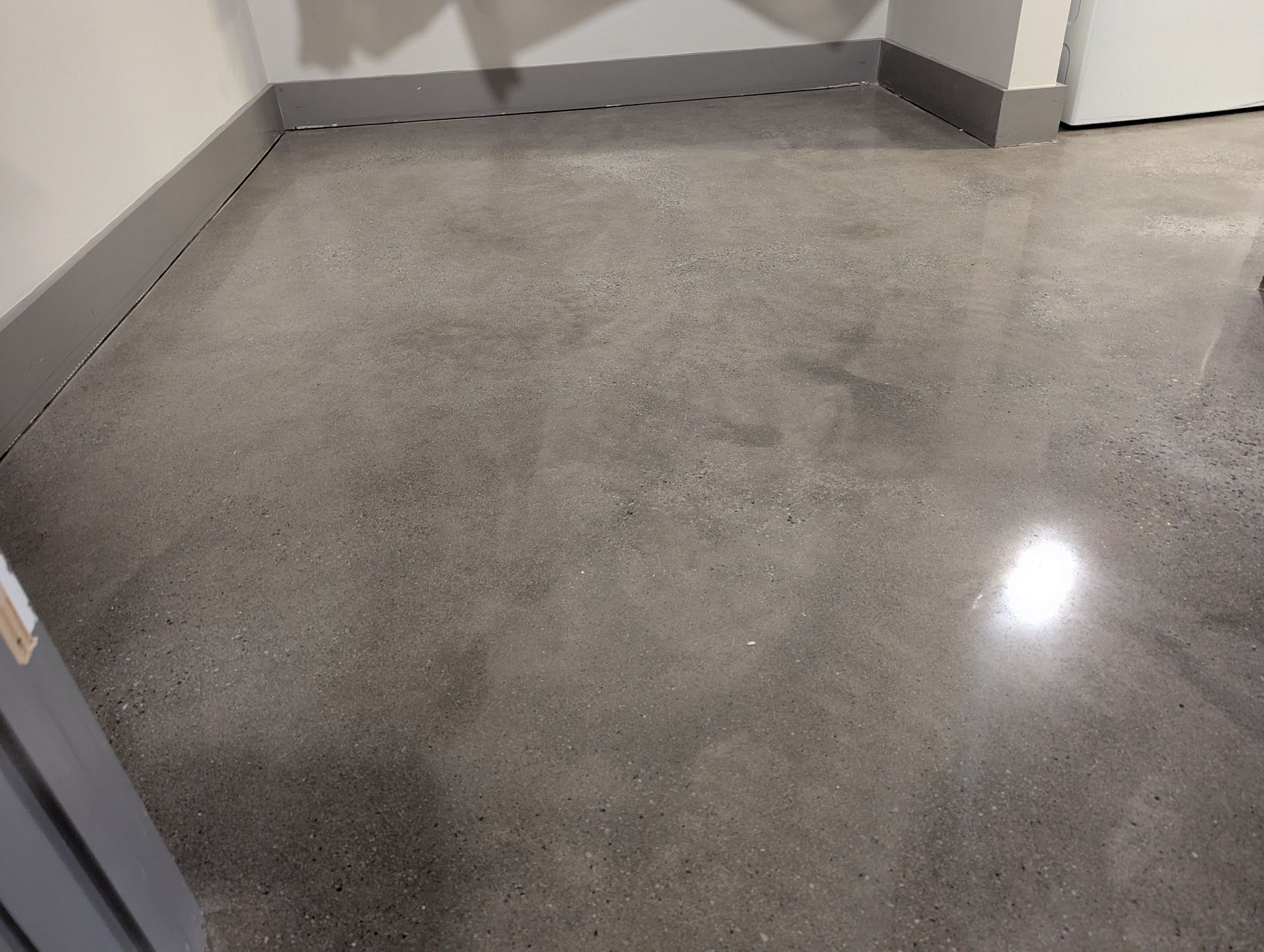Smooth, medium-gloss polished concrete floor with subtle surface texture inside a residential utilit