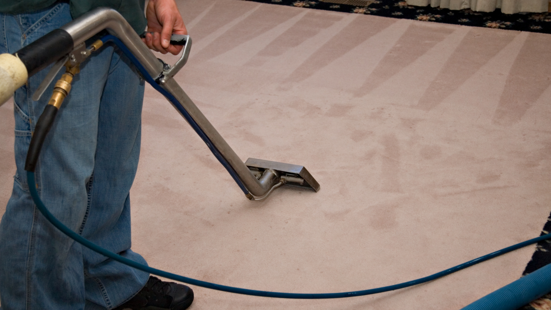 Person cleaning beige carpet with a professional steam cleaner in a residential setting.
