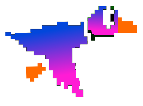 A pixel art of a duck with a purple head and orange beak