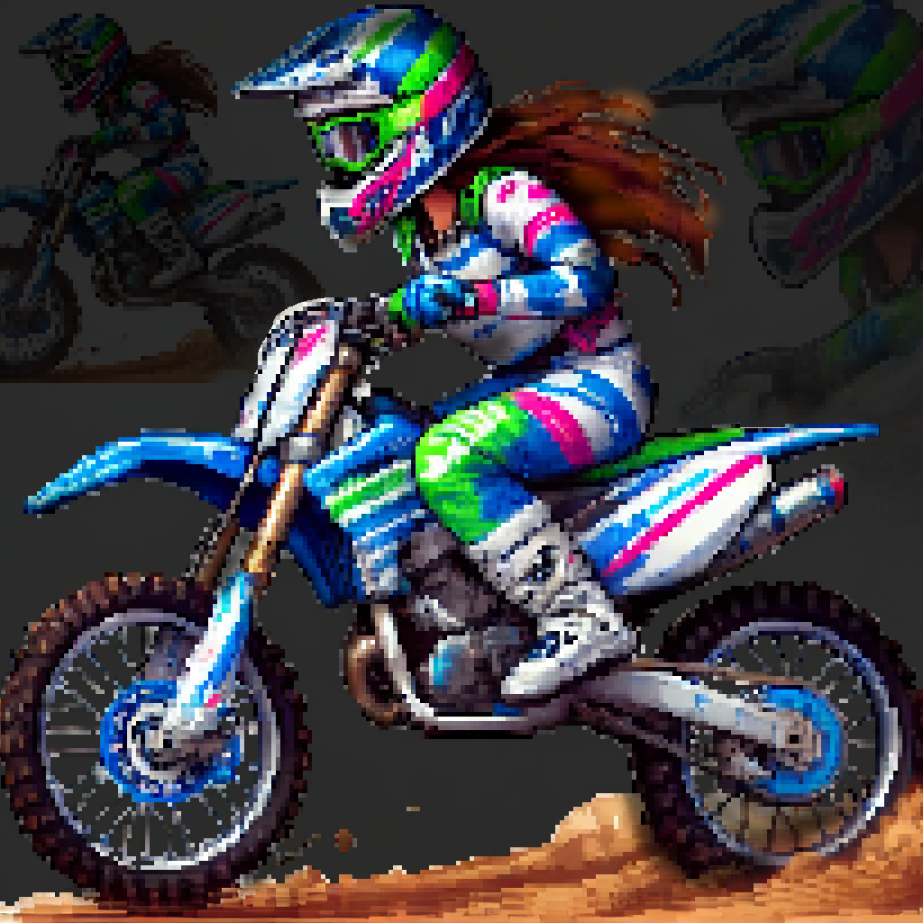 A pixel art of a woman riding a dirt bike on a dirt road - Lauren at Maverick Digital Solutions