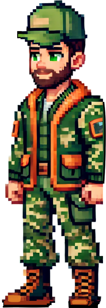 A pixel art of a man in a military uniform and hat. Jamie Google Ads