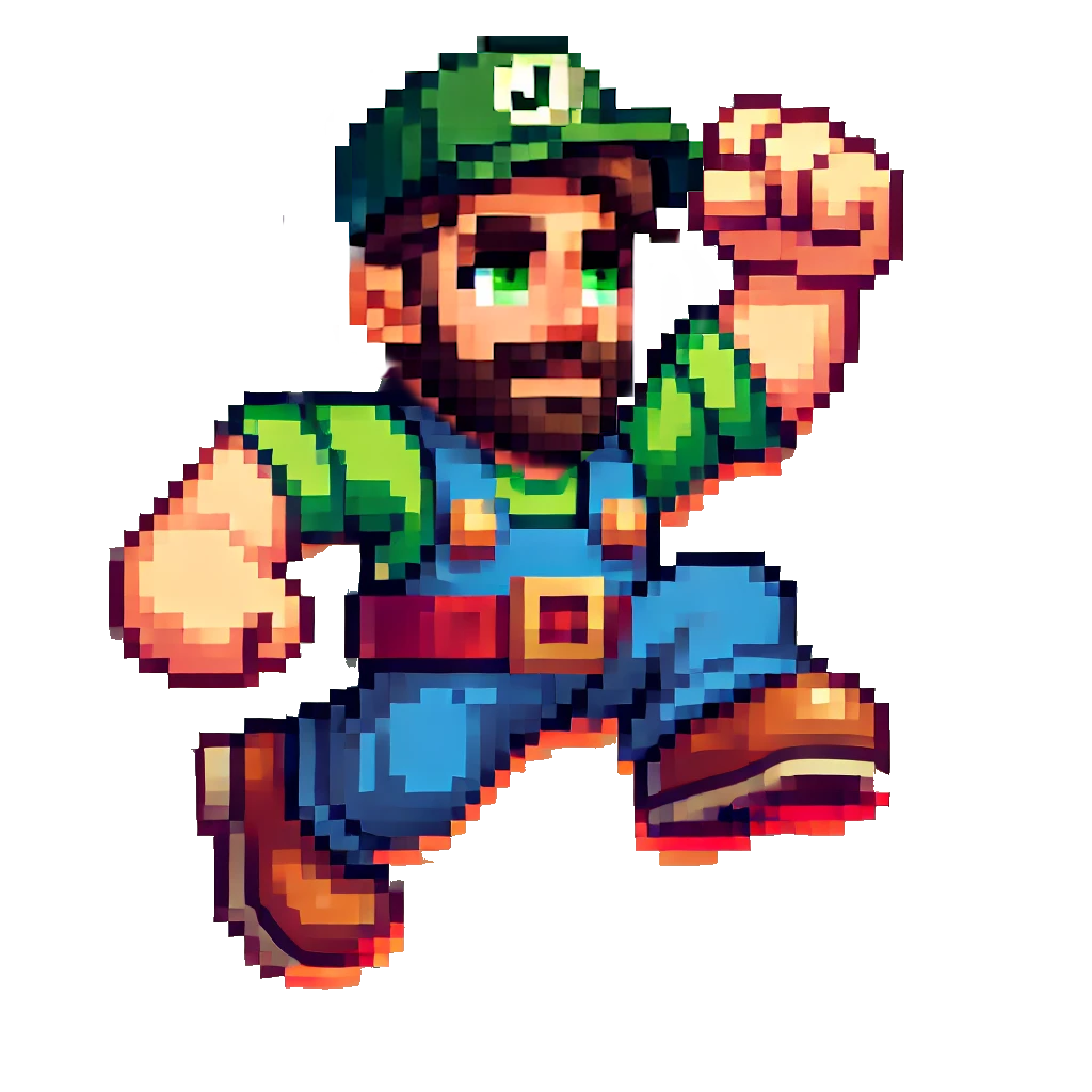 A pixel art of a man with a beard wearing overalls and a green hat. Jamie SEO