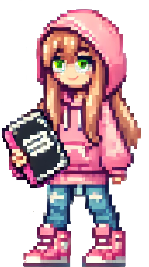 A pixel art of a girl in a pink hoodie holding a book. Jo-s+News+stand