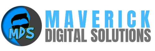 The logo for maverick digital solutions is blue and gray