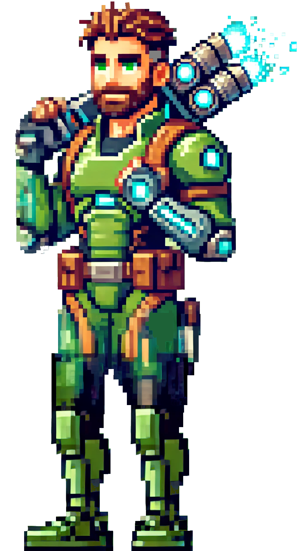 A pixel art of a man in a green suit holding a rocket launcher. - Mega Jamie - Website Designs