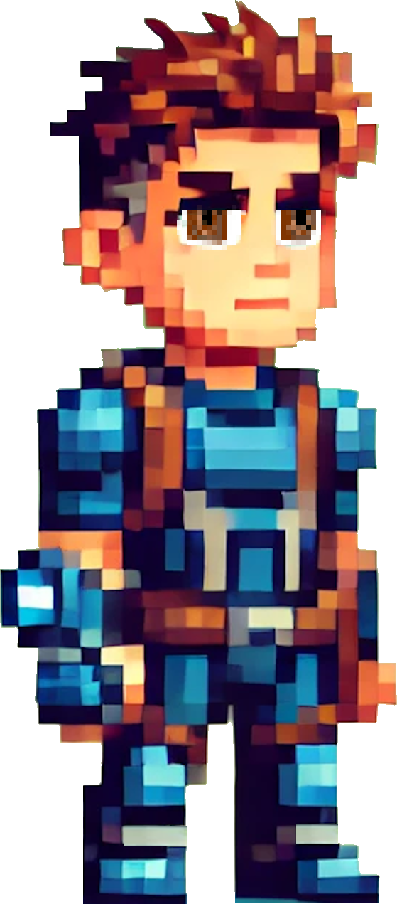 A pixel art of a man in a blue suit standing on a white background.  MegaJaxon