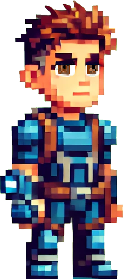 A pixel art of a man in a blue suit standing on a white background. MegaJaxon