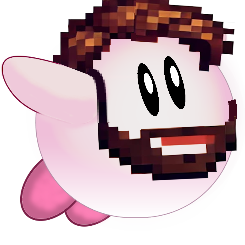 A pixel art drawing of kirby with a beard