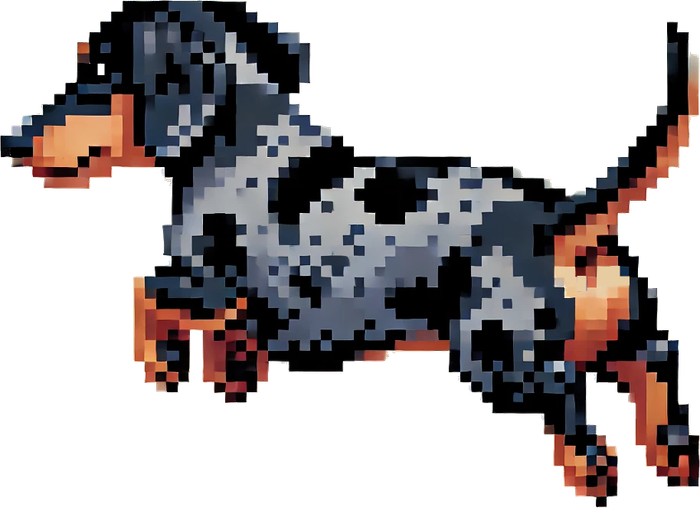 A pixel art illustration of a dachshund jumping in the air.