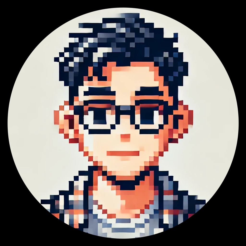 A pixel art portrait of a man wearing glasses and a plaid shirt. Mark-Web-Dev