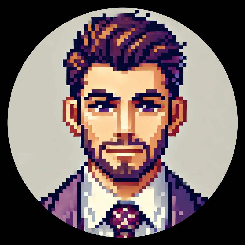 A pixel art portrait of a man in a suit and tie. Syed-Ads
