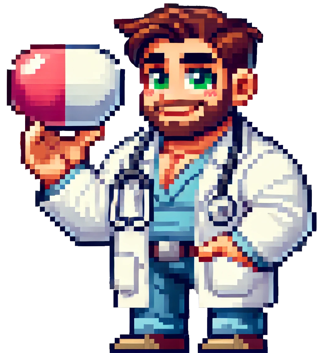 A pixel art illustration of a doctor holding a pill. Social Media Management Jamie