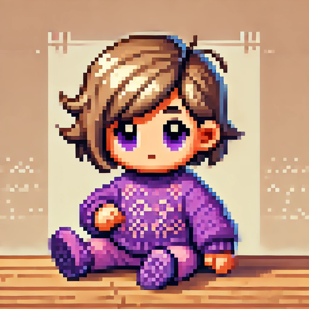 A pixel art of a baby in a purple sweater sitting on a wooden floor.