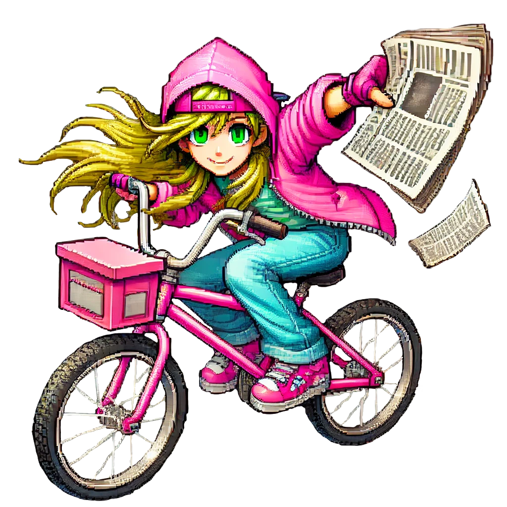 A girl is riding a pink bike and holding a newspaper.