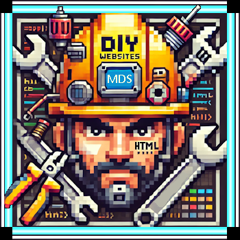 A pixel art illustration of a man wearing a hard hat surrounded by tools. DIY websites