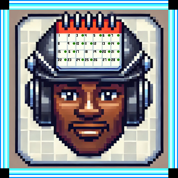 A pixel art of a man wearing headphones and a helmet with a calendar on it. Booking Websites