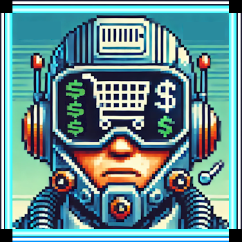 A pixel art illustration of a man wearing a helmet and goggles with a shopping cart on his face. Ecomm Websites